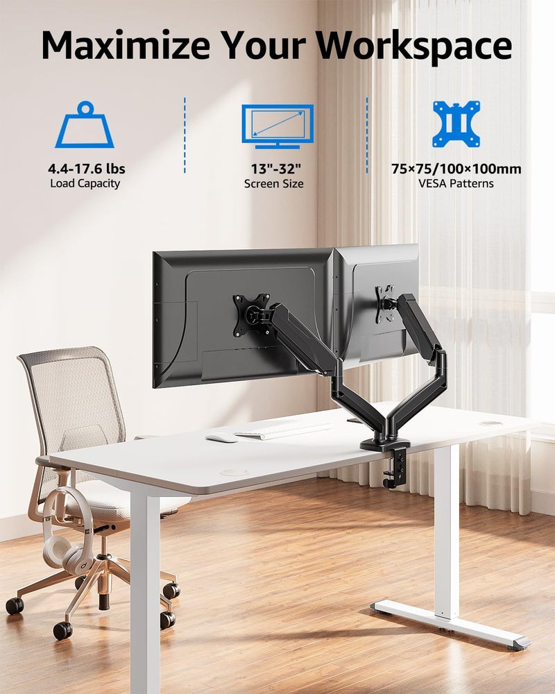 MOUNTUP Dual Monitor Stand for Desk, Monitor Arms for 2 Monitors 32 27 24 22 Inches, Height Adjustable Double Monitor Mount, VESA Mount with C-Clamp & Grommet Base, Holds 4.4-17.6lbs - Image 2